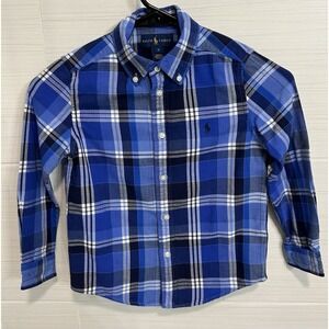Polo Ralph Lauren Blue Plaid Full Button Shirt Boys Sz 6, Cotton Lined Pony